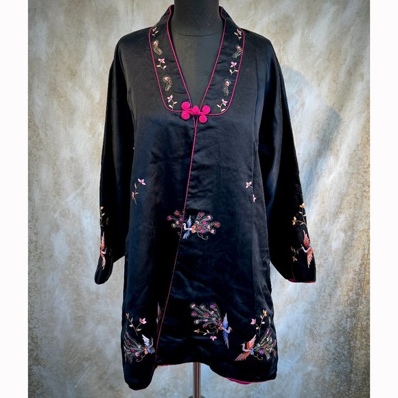 Handmade Jackets & Blazers - Vintage Embroidered Silk Kimono Jacket with Peacocks